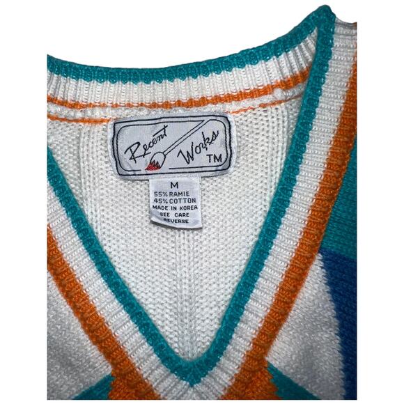 Vintage 90s Room Works Geometric Art Deco V-Neck Cotton Sweater White Multi M - Picture 5 of 9
